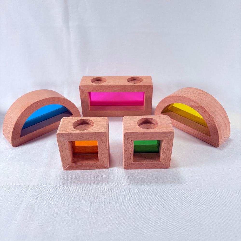 Wooden Rainbow Sensory Blocks Set Multicolor Montessori Light Play